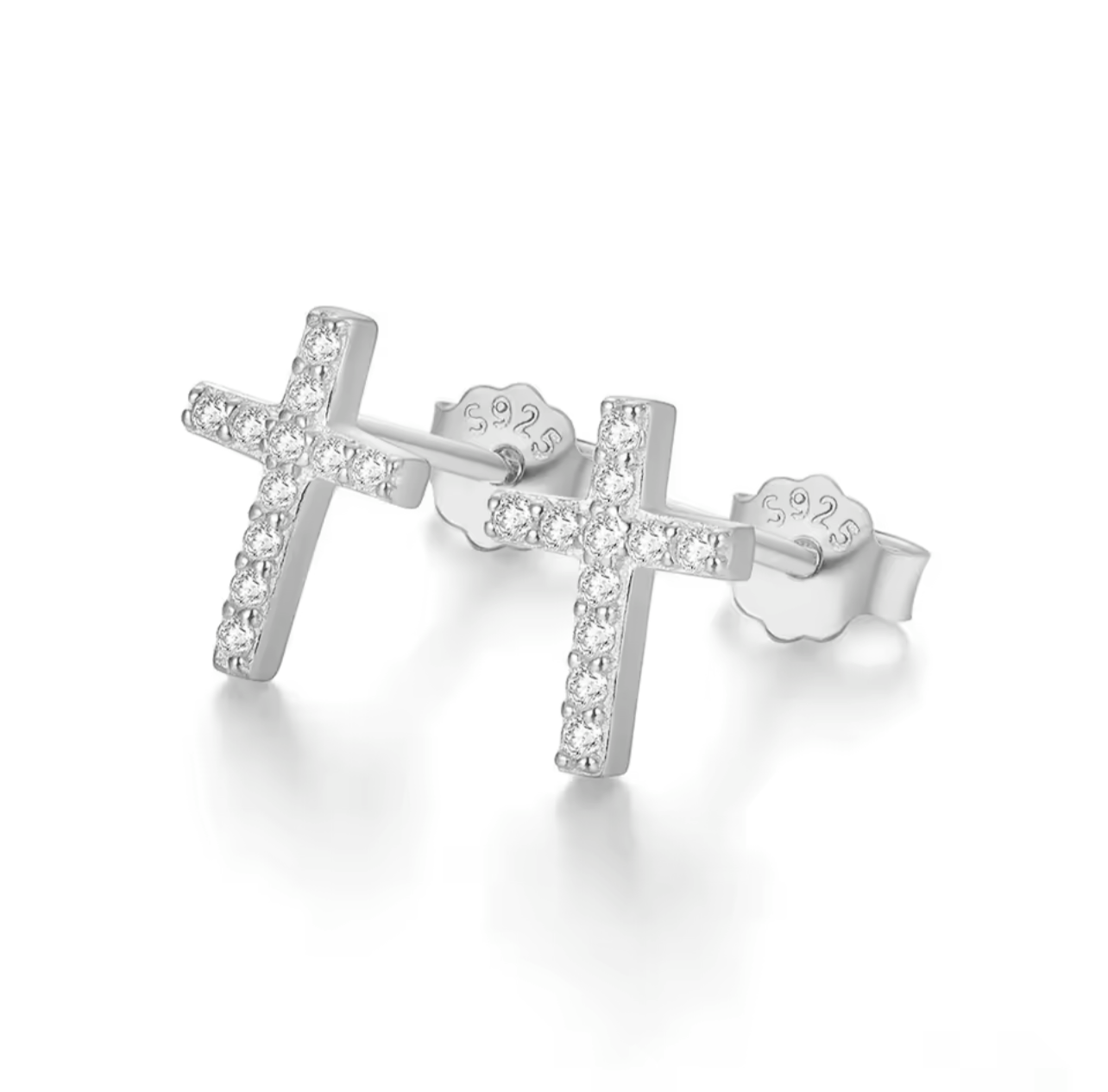 925 Sterling Silver Mini Cross CZ Stud Earrings