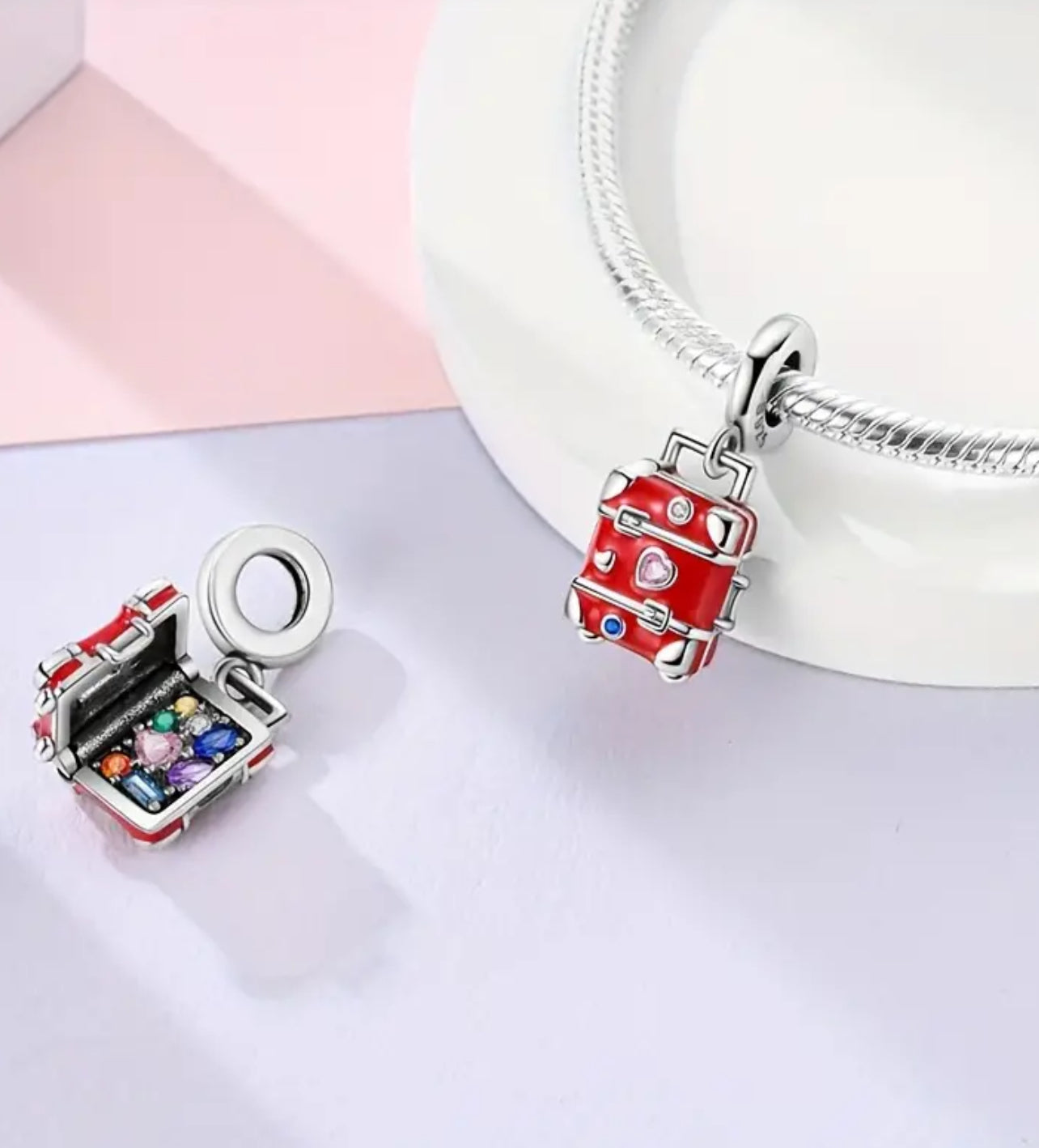 925 Silver Luggage W/ Stones Charm