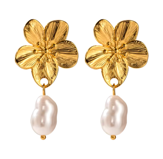 Hawaii Flower Pearl Drop ST Earrings